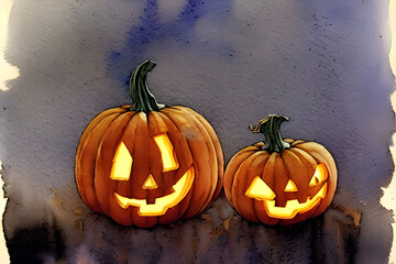 a simple and atmospheric watercolour portrait of a pumpkin / jack o lantern on halloween night, muted colors
