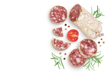 Cured salami sausage slices isolated on white background. Italian cuisine with full depth of field. Top view with copy space for your text. Flat lay.