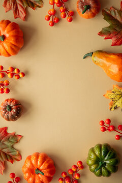 Autumn flat lay background. Vertical image. Pumpkins and fall leaves. Autumn decorations with copy space.