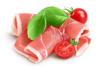 Italian prosciutto crudo or spanish jamon. Raw ham isolated on white background with full depth of field.