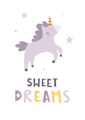 Sweet dreams for baby. Cute unicorn poster with lettering. Girly print with sleeping unicorn for wall art.