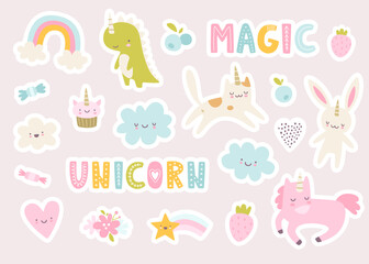 Unicorn animals stickers set. Cute baby unicorns collection. Girly kawaii sticker pack.