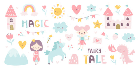 Slats personalizados crianças com sua foto Cute fairy tale set for girls. Magic girly collection with princess and unicorn. Kawaii fantasy sticker bundle.