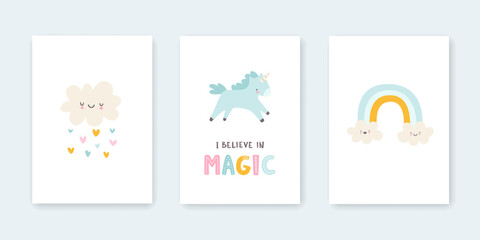 Set of cute posters for baby room. Kawaii prints collection for kids wall art. Cartoon triptych for nursery.