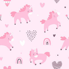 Cute pink pattern with unicorns and hearts. Girly vector seamless print for textile and nursery.