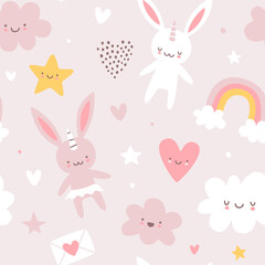 Cute scandinavian baby pattern with unicorn bunnies. Seamless vector pink print for girls fabric.