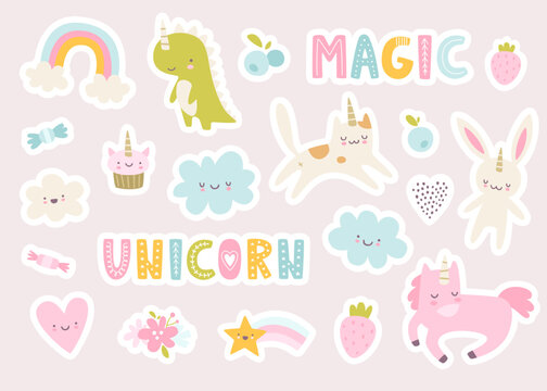 Unicorn Animals Stickers Set. Cute Baby Unicorns Collection. Girly Kawaii Sticker Pack.