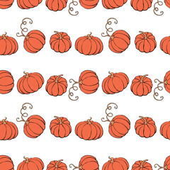 Vector seamless pattern with outline pumpkins in doodle flat style. Halloween or thanksgiving background and texture