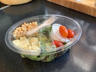 To go Salat in transparentem Plastik Essgeschirr mit kleiner Gabel und Dressing zum sofort essen