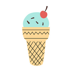 Mint ice cream waffle cone with cherry in a hand-drawn flat style. Cute vector illustration isolated on a white background