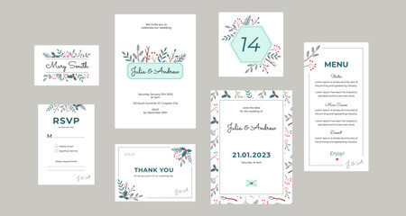 Wedding cards winter collection in a soft rustic style. Vector design set wedding printing
