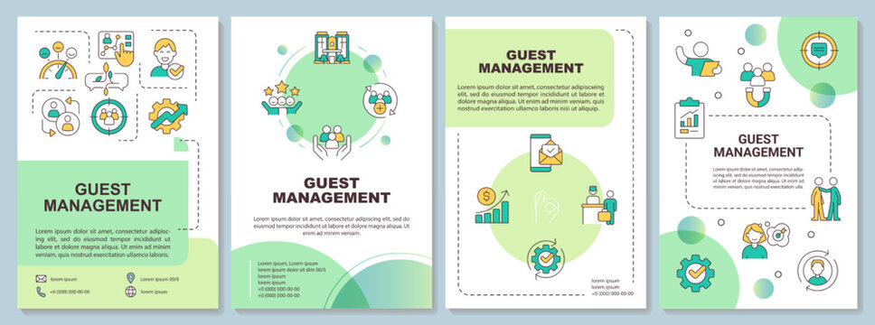 Guest service management green brochure template. Satisfaction. Leaflet design with linear icons. Editable 4 vector layouts for presentation, annual reports. Arial-Bold, Myriad Pro-Regular fonts used