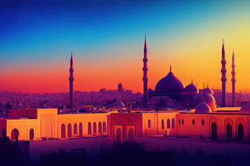 Fototapeta premium View of the Al Zaytuna Mosque and the skyline of Tunis at dawn The mosque is a Landmark of Tunis Tunisia North africa , style U1 1