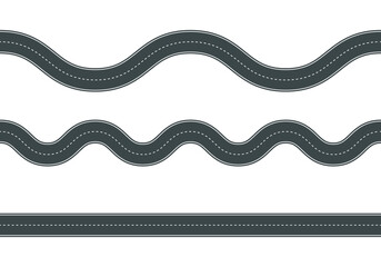 Vector illustration of bending road with white markings isolated on white background. Seamless pattern empty asphalt road with turns in top view. Winding highway template.
 