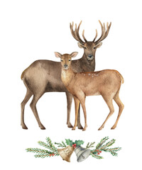 Christmas vector watercolor card with deer and holiday wreath.