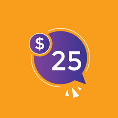 25 dollar price tag. 25$ dollar USD price symbol. price 25 Dollar sale banner in USD. Business or shopping promotion marketing concept
