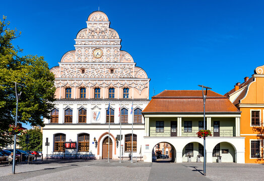 Historic XIII century Town Hall Ratusz building and Odwach Guardhouse at Rynek main market square in historic old town quarter of Stargard in Poland