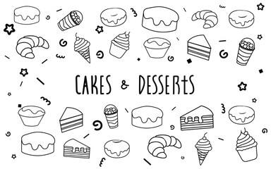 Set of different sweet desserts and cupcakes. Black and white vector image.