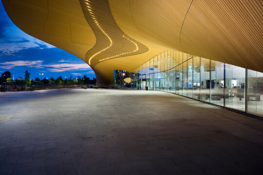 Night view of Oodi Central Library in Helsinki, Finland