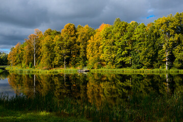 a beautiful view of the lake in autumn with the reflection of yellow-green trees and slow water in the absence of wind