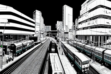 Fototapeta premium Cartoon drawing Aerial view of cars and trains with intersection or junction with traffic Taipei Downtown Taiwan Financial district and business area Smart urban city technology , style U1 1