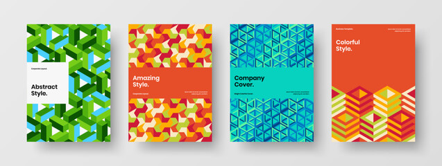 Fresh geometric hexagons brochure concept set. Colorful company cover A4 design vector illustration bundle.