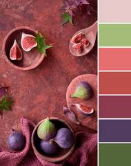 Color matching palette from image of autumntime background with fresh halved fig fruits. Maple...
