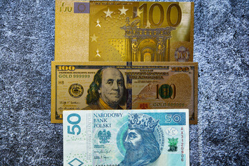 50 złotych ,100 dolarów i 100 euro  - obrazy, fototapety, plakaty