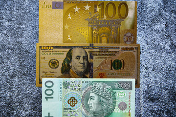 100 złotych,100 dolarów,100 euro  - obrazy, fototapety, plakaty