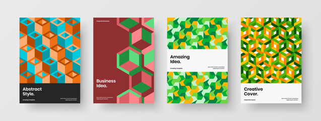 Fototapeta premium Unique mosaic hexagons magazine cover template collection. Isolated flyer vector design illustration set.