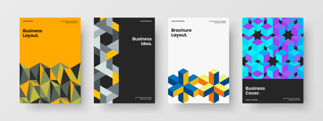 Naklejka premium Original mosaic hexagons corporate cover illustration set. Vivid front page design vector concept collection.