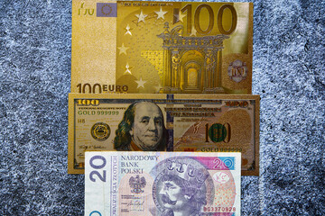 20 złotych ,100 dolarów i 100 euro  - obrazy, fototapety, plakaty