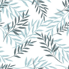 Botanical vector seamless pattern, painted leaves on white