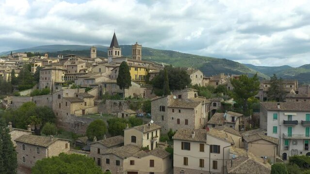 Aerial Boom Shot Reveals Spello, Italy. Typical Small Italian Town in Umbria