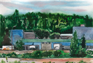  Industrial landscape warehouse space surrounded by greenery. Watercolor original landscape.