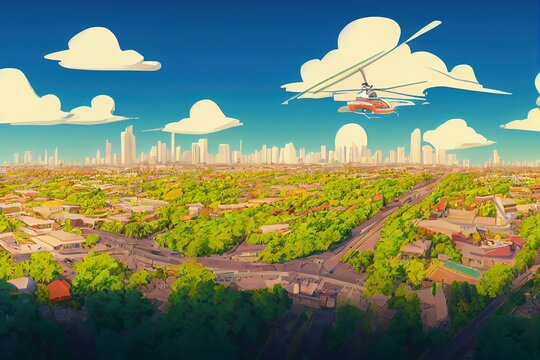 Cartoon style Aerial city view with crossroads and roads houses buildings parks and parking lots bridges Helicopter drone shot Wide Panoramic image , style U1 1
