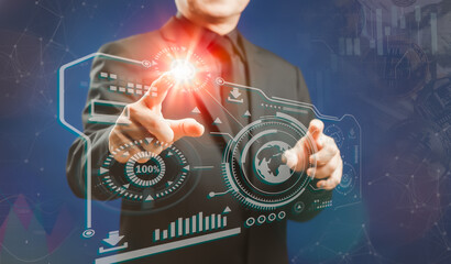 Businessman pointing to start a modern computer virtual screen dashboard, new technology and business process strategy, automate operation, customer service management, cloud computing, smart industry