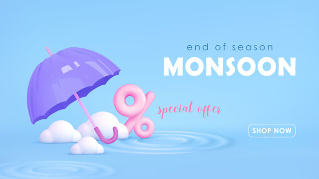 Monsoon sale template. Umbrella, clouds, percent in water on blue background. Autumn concept season design element. Vector cartoon illustration