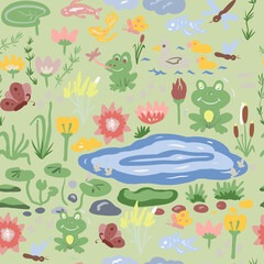 
Pond frog lake water lilies reeds nature animals insects ducks, big set illustration hand drawn print separately on white background childish cute patern seamless