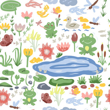 
Pond frog lake water lilies reeds nature animals insects ducks, big set illustration hand drawn print separately on white background childish cute patern seamless