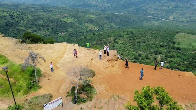 Colombia August 2022 Drone aerial view of Mirador Salto del Mico, overhanging rock in the Colobian Andes in Barichara  a town in northern Colombia South America  - tourist visiting natural sightseeing