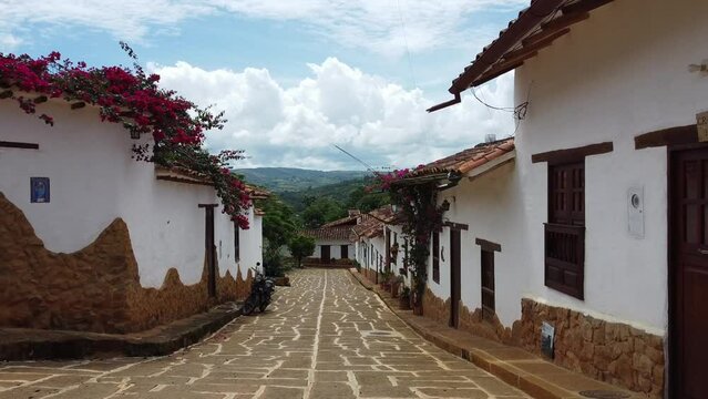 Barichara is a town in northern Colombia South America  known for its cobbled streets and colonial architecture - drone aerial view of the touristic attraction village with tiled house roofs