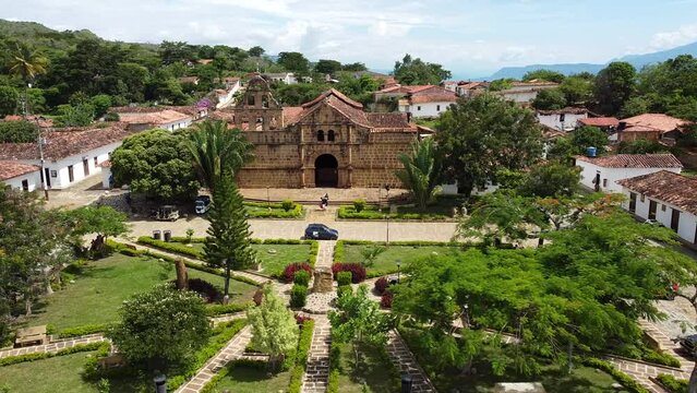 Drone aerial view of Catholic Church, Old historical ancient hiking road way "El Camino Real" in Guane close to Barichara , Santander, Colombia , South America