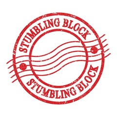 STUMBLING BLOCK, text written on red postal stamp.