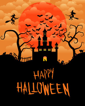Happy Halloween night background image with spooky castle and full moon, vector illustration