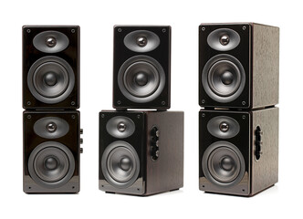 Obraz premium Background of black speaker with sphere on white background 