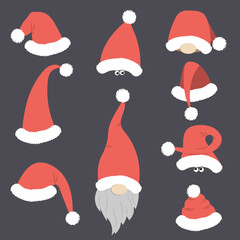 Set of Santa's Christmas hats with gnomes. Different forms of festive attire.