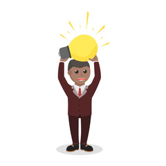 businessman african hold up a bulb lamp design character on white background
