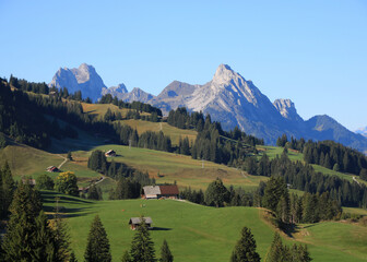 Green farmland and mountains seen from Rinderberg, Switzerland.