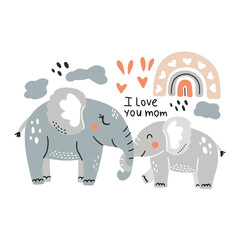 Cute elephant hugs mother elephant. Mother's love for the child. Kind children's illustration for mother's day. Mother's day card